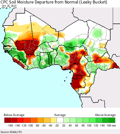 Western Africa CPC Soil Moisture Departure from Normal (Leaky Bucket) Thematic Map For 10/16/2023 - 10/20/2023