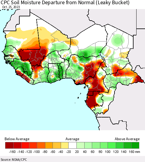 Western Africa CPC Soil Moisture Departure from Normal (Leaky Bucket) Thematic Map For 10/21/2023 - 10/25/2023