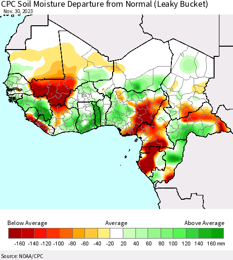 Western Africa CPC Soil Moisture Departure from Normal (Leaky Bucket) Thematic Map For 11/26/2023 - 11/30/2023