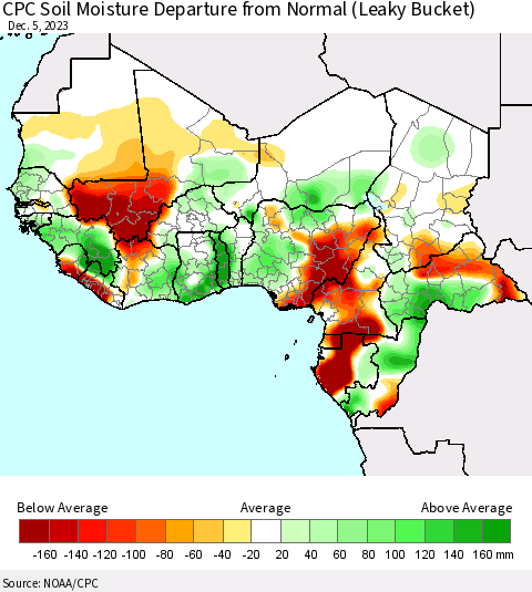 Western Africa CPC Soil Moisture Departure from Normal (Leaky Bucket) Thematic Map For 12/1/2023 - 12/5/2023