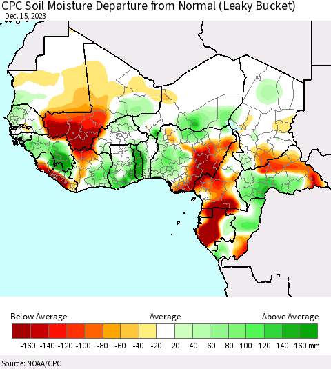 Western Africa CPC Soil Moisture Departure from Normal (Leaky Bucket) Thematic Map For 12/11/2023 - 12/15/2023