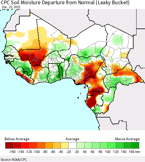 Western Africa CPC Soil Moisture Departure from Normal (Leaky Bucket) Thematic Map For 12/21/2023 - 12/25/2023