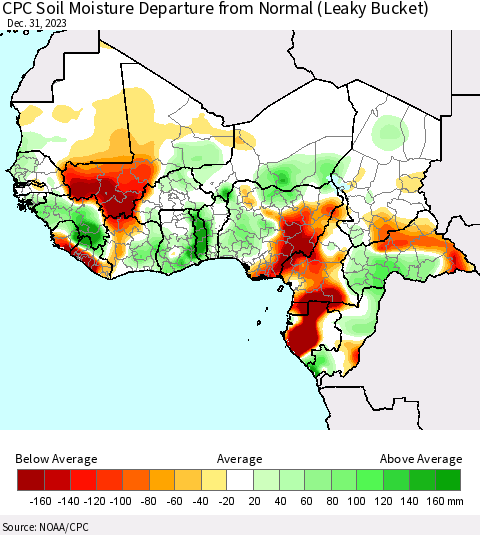 Western Africa CPC Soil Moisture Departure from Normal (Leaky Bucket) Thematic Map For 12/26/2023 - 12/31/2023