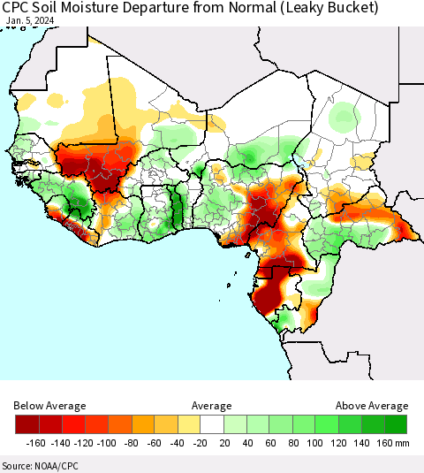 Western Africa CPC Soil Moisture Departure from Normal (Leaky Bucket) Thematic Map For 1/1/2024 - 1/5/2024
