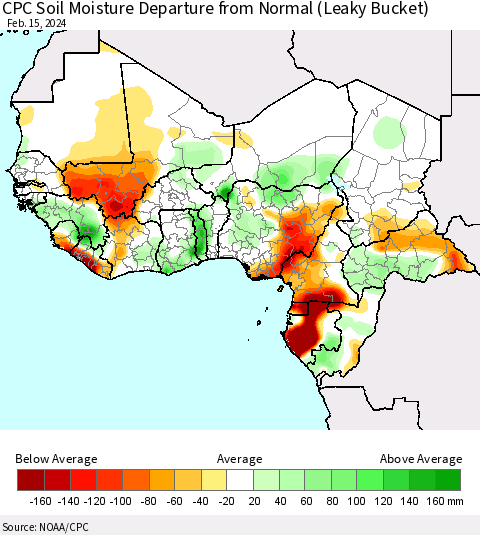 Western Africa CPC Soil Moisture Departure from Normal (Leaky Bucket) Thematic Map For 2/11/2024 - 2/15/2024