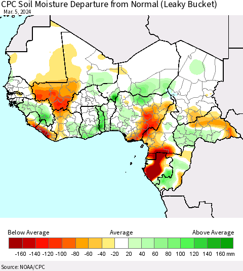 Western Africa CPC Soil Moisture Departure from Normal (Leaky Bucket) Thematic Map For 3/1/2024 - 3/5/2024