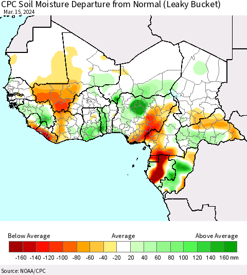 Western Africa CPC Soil Moisture Departure from Normal (Leaky Bucket) Thematic Map For 3/11/2024 - 3/15/2024