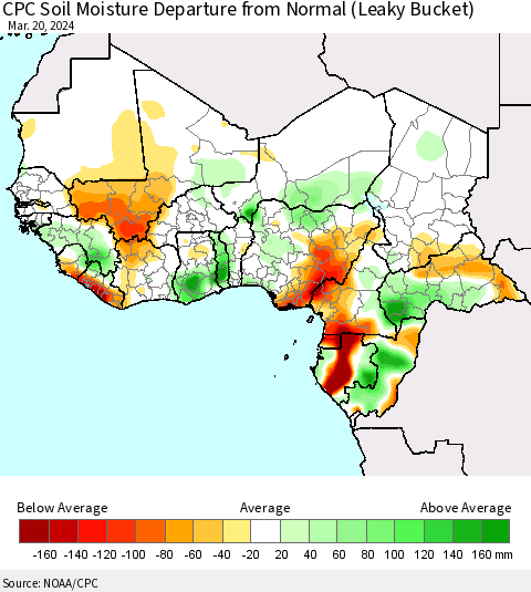 Western Africa CPC Soil Moisture Departure from Normal (Leaky Bucket) Thematic Map For 3/16/2024 - 3/20/2024