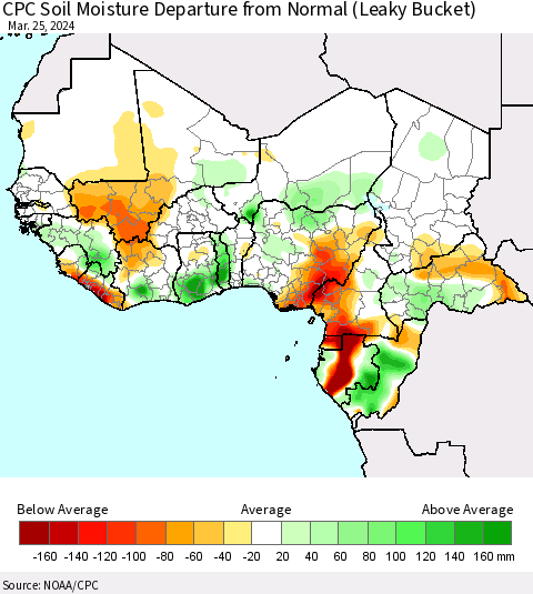 Western Africa CPC Soil Moisture Departure from Normal (Leaky Bucket) Thematic Map For 3/21/2024 - 3/25/2024
