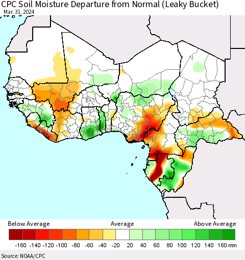 Western Africa CPC Soil Moisture Departure from Normal (Leaky Bucket) Thematic Map For 3/26/2024 - 3/31/2024
