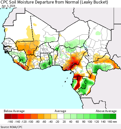 Western Africa CPC Soil Moisture Departure from Normal (Leaky Bucket) Thematic Map For 4/1/2024 - 4/5/2024