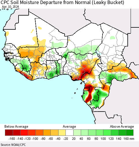 Western Africa CPC Soil Moisture Departure from Normal (Leaky Bucket) Thematic Map For 4/6/2024 - 4/10/2024