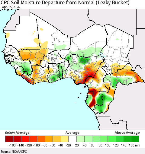 Western Africa CPC Soil Moisture Departure from Normal (Leaky Bucket) Thematic Map For 4/11/2024 - 4/15/2024