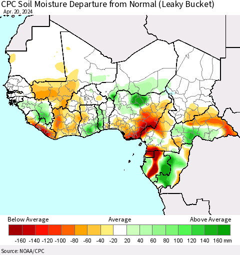 Western Africa CPC Soil Moisture Departure from Normal (Leaky Bucket) Thematic Map For 4/16/2024 - 4/20/2024