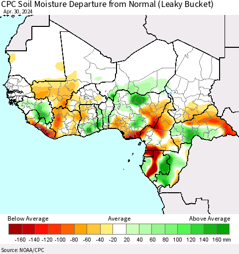 Western Africa CPC Soil Moisture Departure from Normal (Leaky Bucket) Thematic Map For 4/26/2024 - 4/30/2024