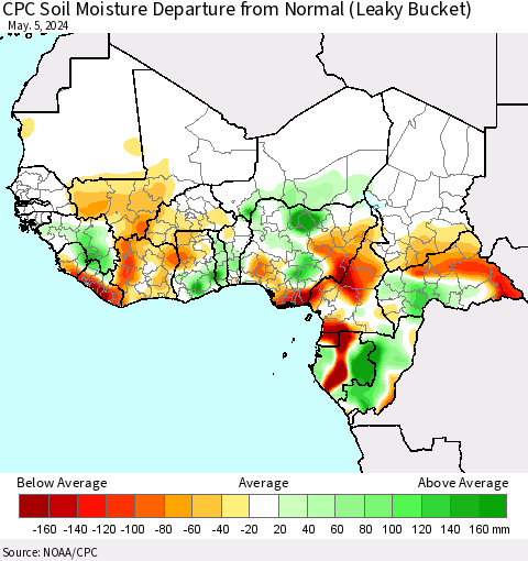 Western Africa CPC Soil Moisture Departure from Normal (Leaky Bucket) Thematic Map For 5/1/2024 - 5/5/2024
