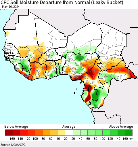 Western Africa CPC Soil Moisture Departure from Normal (Leaky Bucket) Thematic Map For 5/6/2024 - 5/10/2024