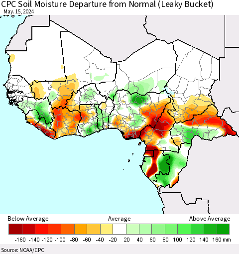 Western Africa CPC Soil Moisture Departure from Normal (Leaky Bucket) Thematic Map For 5/11/2024 - 5/15/2024