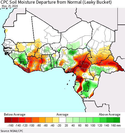 Western Africa CPC Soil Moisture Departure from Normal (Leaky Bucket) Thematic Map For 5/21/2024 - 5/25/2024