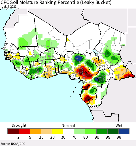 Western Africa CPC Soil Moisture Ranking Percentile (Leaky Bucket) Thematic Map For 7/1/2021 - 7/5/2021