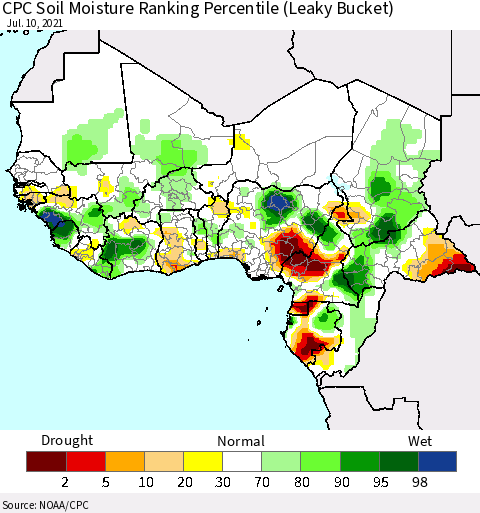 Western Africa CPC Soil Moisture Ranking Percentile (Leaky Bucket) Thematic Map For 7/6/2021 - 7/10/2021