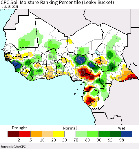 Western Africa CPC Soil Moisture Ranking Percentile (Leaky Bucket) Thematic Map For 7/11/2021 - 7/15/2021