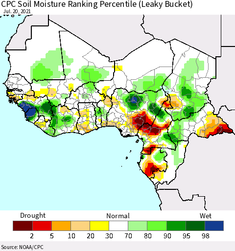 Western Africa CPC Soil Moisture Ranking Percentile (Leaky Bucket) Thematic Map For 7/16/2021 - 7/20/2021