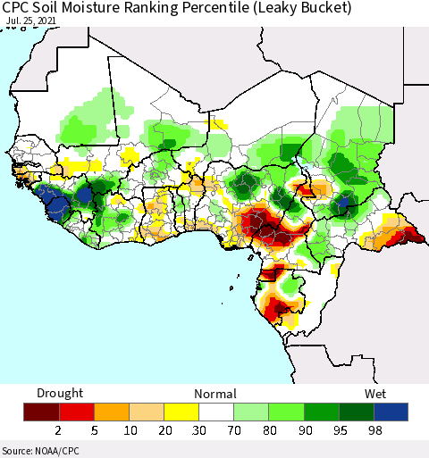 Western Africa CPC Soil Moisture Ranking Percentile (Leaky Bucket) Thematic Map For 7/21/2021 - 7/25/2021