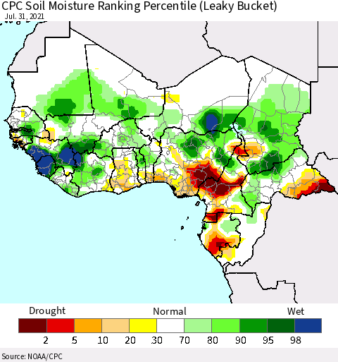 Western Africa CPC Soil Moisture Ranking Percentile (Leaky Bucket) Thematic Map For 7/26/2021 - 7/31/2021