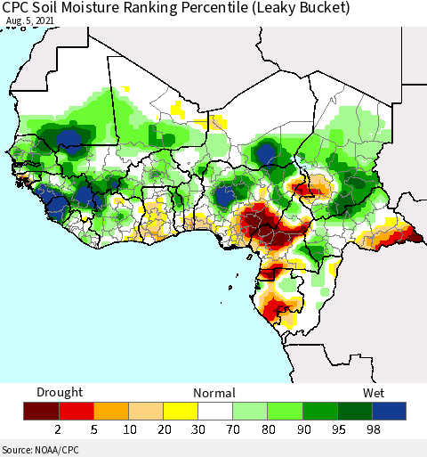 Western Africa CPC Soil Moisture Ranking Percentile (Leaky Bucket) Thematic Map For 8/1/2021 - 8/5/2021
