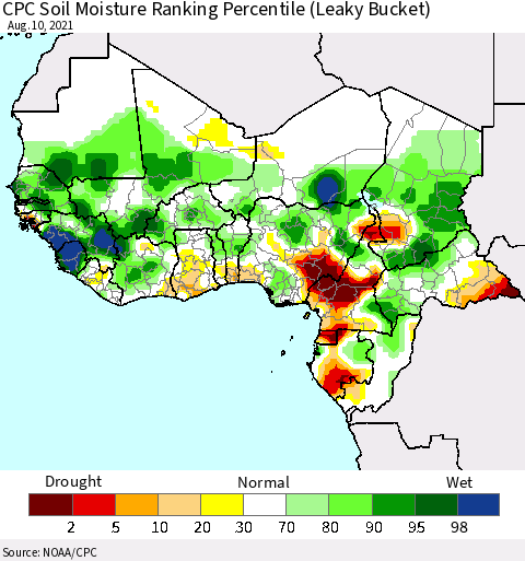 Western Africa CPC Soil Moisture Ranking Percentile (Leaky Bucket) Thematic Map For 8/6/2021 - 8/10/2021