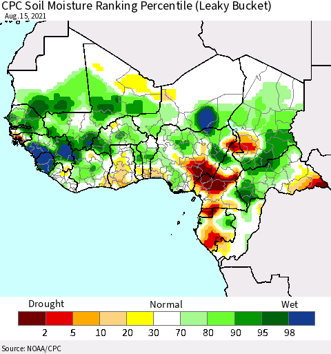Western Africa CPC Soil Moisture Ranking Percentile (Leaky Bucket) Thematic Map For 8/11/2021 - 8/15/2021