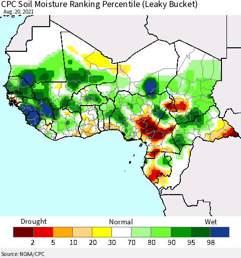 Western Africa CPC Soil Moisture Ranking Percentile (Leaky Bucket) Thematic Map For 8/16/2021 - 8/20/2021
