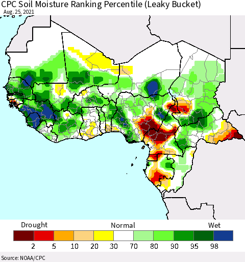 Western Africa CPC Soil Moisture Ranking Percentile (Leaky Bucket) Thematic Map For 8/21/2021 - 8/25/2021