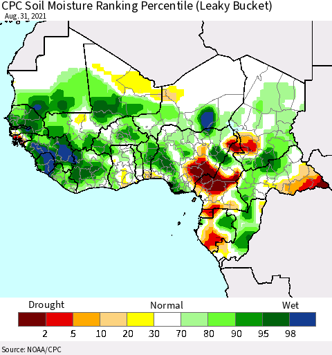 Western Africa CPC Soil Moisture Ranking Percentile (Leaky Bucket) Thematic Map For 8/26/2021 - 8/31/2021