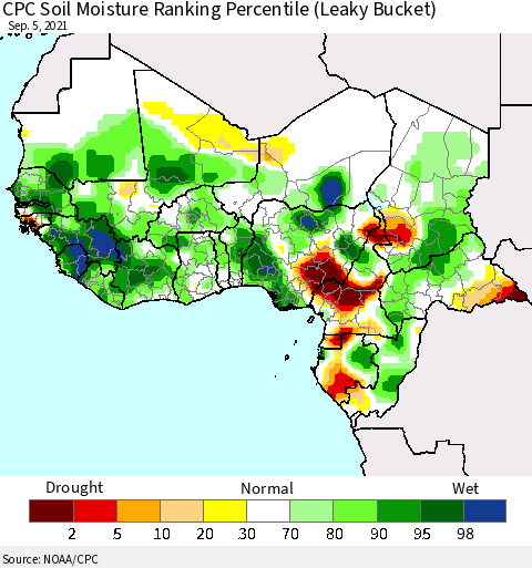 Western Africa CPC Soil Moisture Ranking Percentile (Leaky Bucket) Thematic Map For 9/1/2021 - 9/5/2021