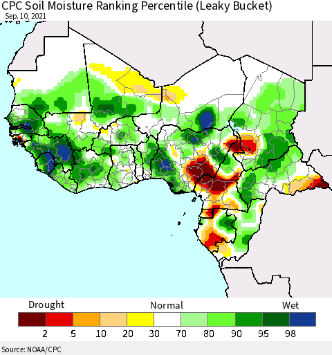 Western Africa CPC Soil Moisture Ranking Percentile (Leaky Bucket) Thematic Map For 9/6/2021 - 9/10/2021