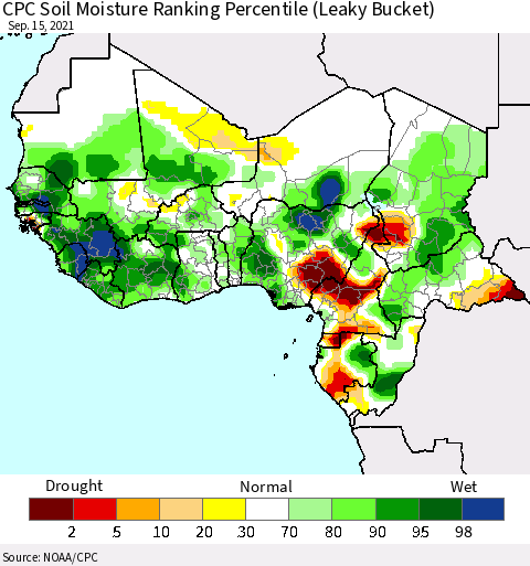 Western Africa CPC Soil Moisture Ranking Percentile (Leaky Bucket) Thematic Map For 9/11/2021 - 9/15/2021