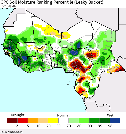 Western Africa CPC Soil Moisture Ranking Percentile (Leaky Bucket) Thematic Map For 9/16/2021 - 9/20/2021