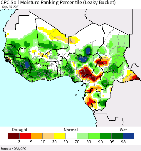 Western Africa CPC Soil Moisture Ranking Percentile (Leaky Bucket) Thematic Map For 9/21/2021 - 9/25/2021