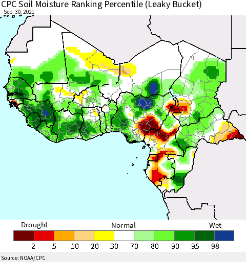 Western Africa CPC Soil Moisture Ranking Percentile (Leaky Bucket) Thematic Map For 9/26/2021 - 9/30/2021