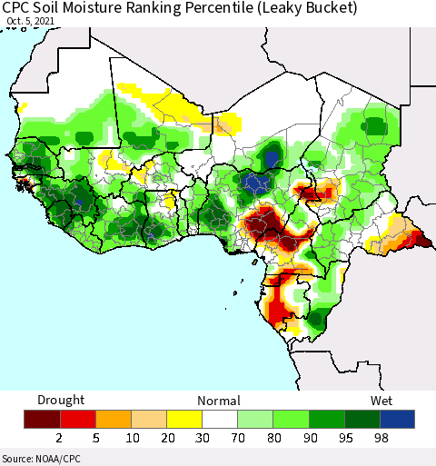 Western Africa CPC Soil Moisture Ranking Percentile (Leaky Bucket) Thematic Map For 10/1/2021 - 10/5/2021