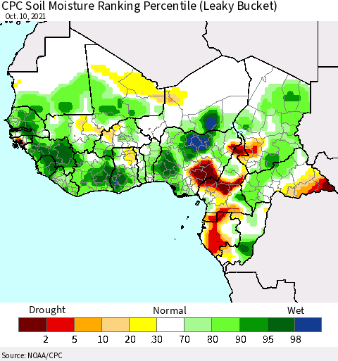 Western Africa CPC Soil Moisture Ranking Percentile (Leaky Bucket) Thematic Map For 10/6/2021 - 10/10/2021
