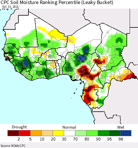 Western Africa CPC Soil Moisture Ranking Percentile (Leaky Bucket) Thematic Map For 10/11/2021 - 10/15/2021