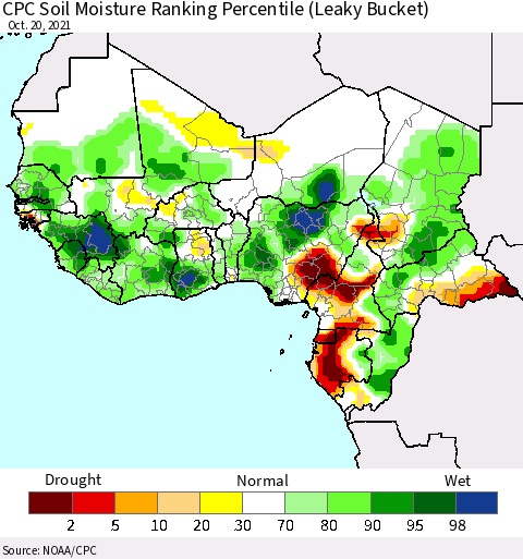 Western Africa CPC Soil Moisture Ranking Percentile (Leaky Bucket) Thematic Map For 10/16/2021 - 10/20/2021