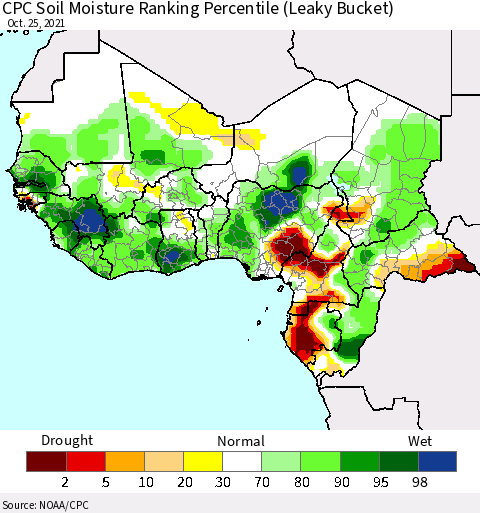 Western Africa CPC Soil Moisture Ranking Percentile (Leaky Bucket) Thematic Map For 10/21/2021 - 10/25/2021