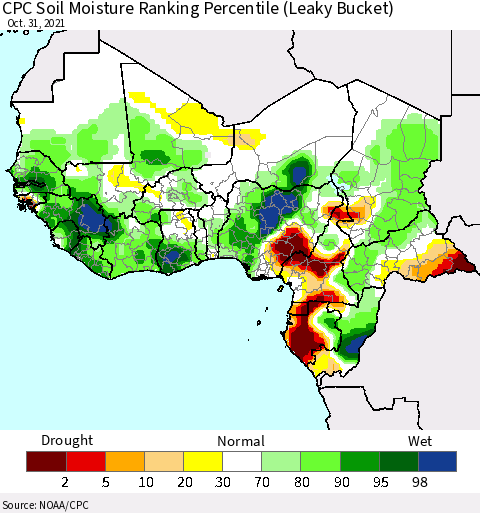 Western Africa CPC Soil Moisture Ranking Percentile (Leaky Bucket) Thematic Map For 10/26/2021 - 10/31/2021