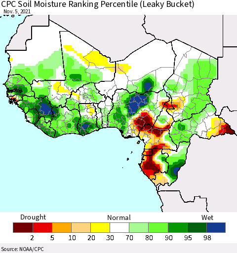 Western Africa CPC Soil Moisture Ranking Percentile (Leaky Bucket) Thematic Map For 11/1/2021 - 11/5/2021