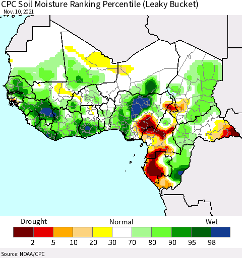 Western Africa CPC Soil Moisture Ranking Percentile (Leaky Bucket) Thematic Map For 11/6/2021 - 11/10/2021