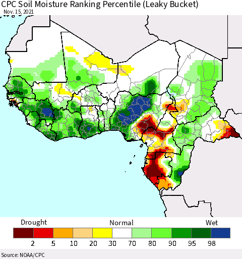 Western Africa CPC Soil Moisture Ranking Percentile (Leaky Bucket) Thematic Map For 11/11/2021 - 11/15/2021